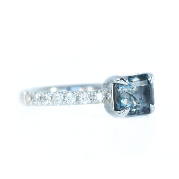 1.52ct Radiant Cut Grey Blue Spinel Ring with French Set Diamond Band in 14k White Gold