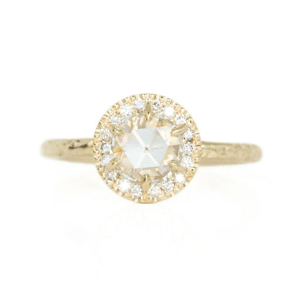 0.59ct White Rosecut diamond in 14k Yellow Gold Low Profile 6 Prong Halo Evergreen Setting