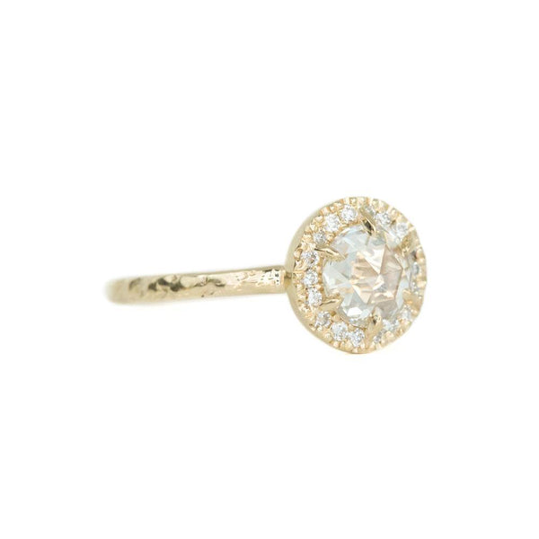 0.59ct White Rosecut diamond in 14k Yellow Gold Low Profile 6 Prong Halo Evergreen Setting side angle