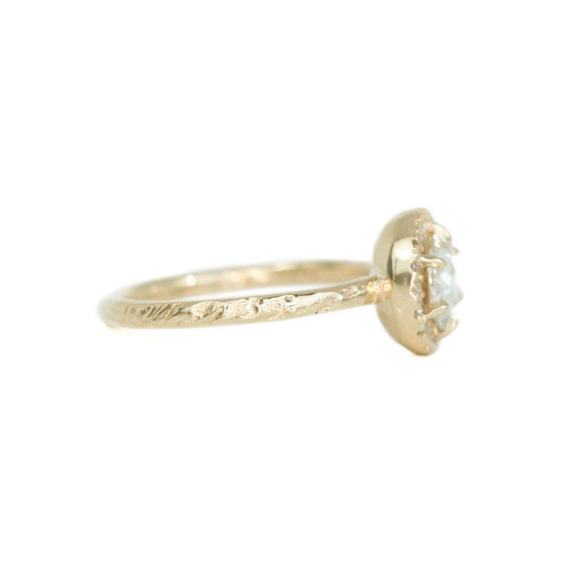 0.59ct White Rosecut diamond in 14k Yellow Gold Low Profile 6 Prong Halo Evergreen Setting side angle