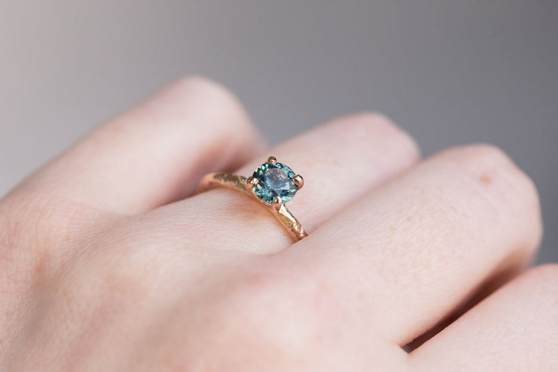 0.91 Vivid Teal Blue Montana Sapphire Solitaire Ring - Organic Carved 18k Rose Gold 4 Prong