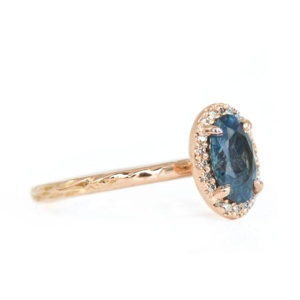 1.19ct Blue Oval Montana Sapphire Ring in 14k Rose Gold Evergreen Diamond Halo