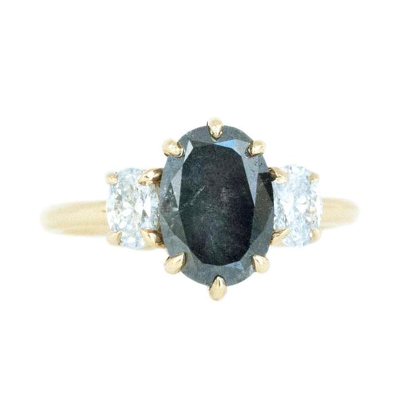 Antique Inspired Three Stone Oval Black Diamond Ring in Yellow Gold