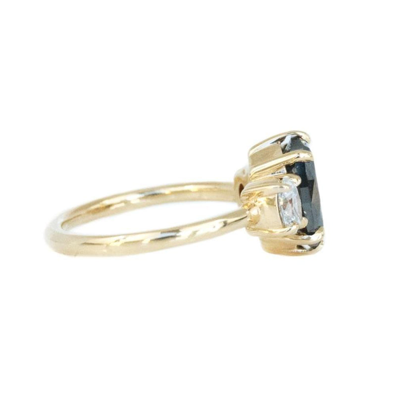 Antique Inspired Three Stone Oval Black Diamond Ring in Yellow Gold