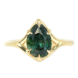 2ct Pear Forest Green Nigerian Sapphire Low Profile Six Prong Split Shank Solitaire in 14k Yellow Gold
