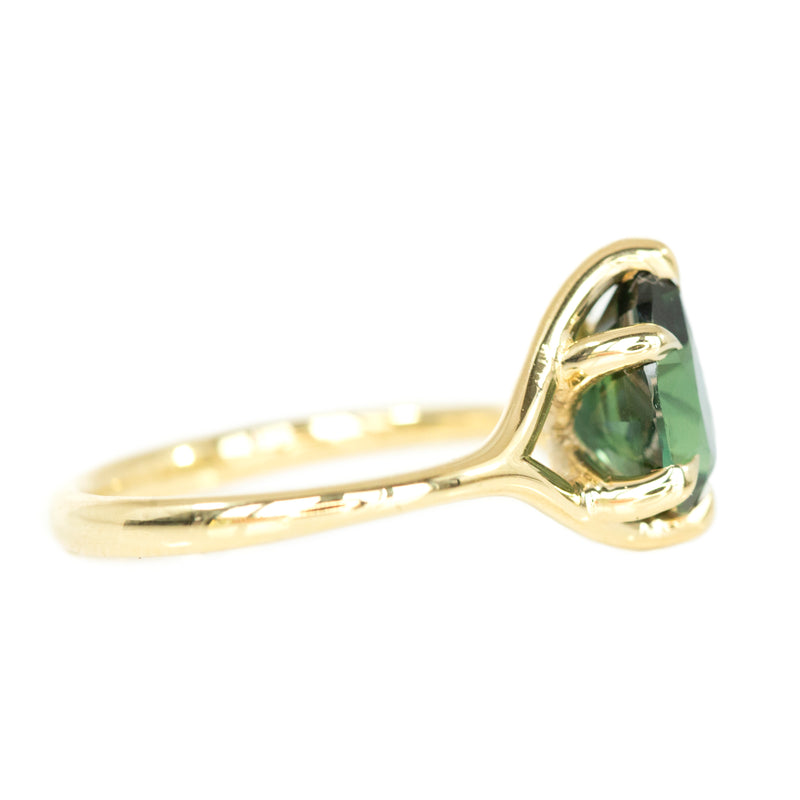 2ct Pear Forest Green Nigerian Sapphire Low Profile Six Prong Split Shank Solitaire in 14k Yellow Gold