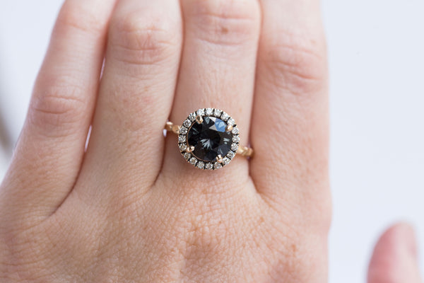 evergreen blue grey spinel sapphire diamond halo gemstone ring jewelry