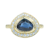 1.64ct Pear Sapphire Halo Ring with Chevron details in 18k Yellow Gold