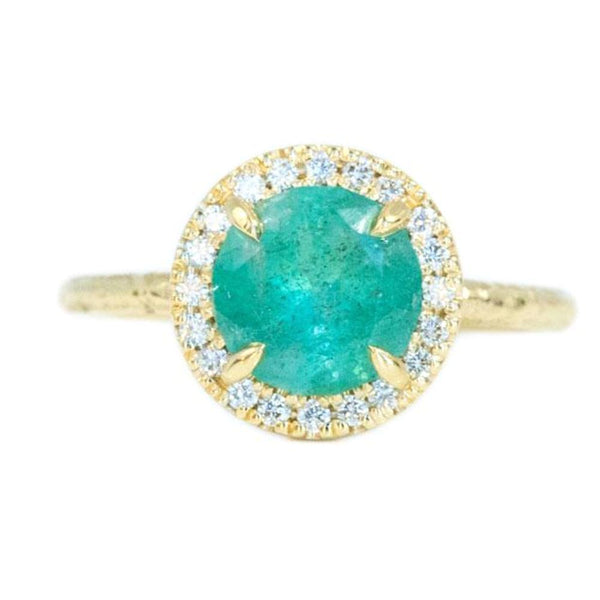 1.33ct Round Emerald in Evergreen 18K Yellow Gold Low Profile Diamond Halo Ring