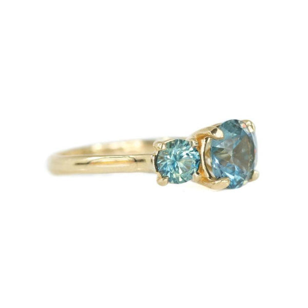 Three Stone Montana Sapphire Ring with 2.10ct Teal Color-Changing Center Stone in 14k Yellow Gold