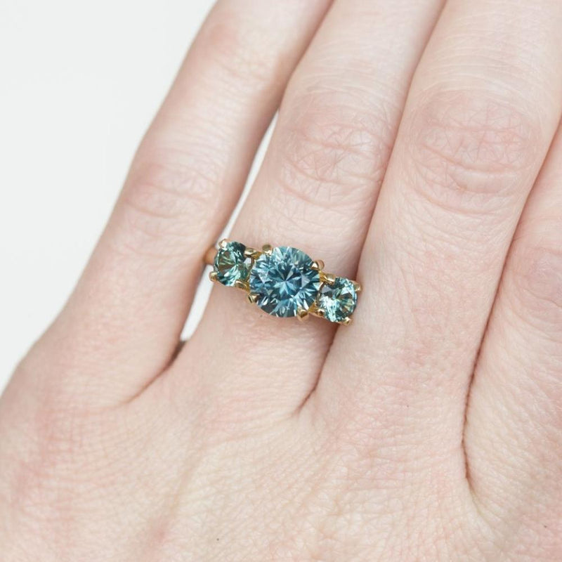 Three Stone Montana Sapphire Ring with 2.10ct Teal Color-Changing Center Stone in 14k Yellow Gold