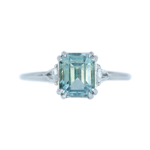 2.30ct Emerald Cut Untreated Montana Sapphire Ring with Trillion Side Diamonds in 14k White Gold