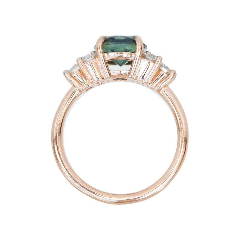 2.07ct Untreated Green Parti Sapphire and White Diamond Side Stone Cluster Ring in 14K Rose Gold