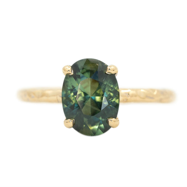 2.60ct Oval Green-Blue Color Shifting Sapphire Low Profile 4 Prong Evergreen Solitaire in 14k Yellow Gold