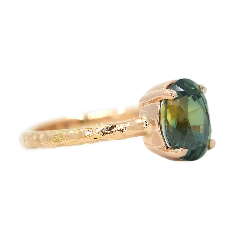3.07ct Oval Green Parti Sapphire Low Profile 4 Prong Solitaire in 14k Rose Gold