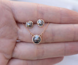 Rosecut Diamond Necklace and Earrings Set - Galaxy black salt and pepper rosecut diamond jewelry in rose gold diamond halo by Anueva Jewelry