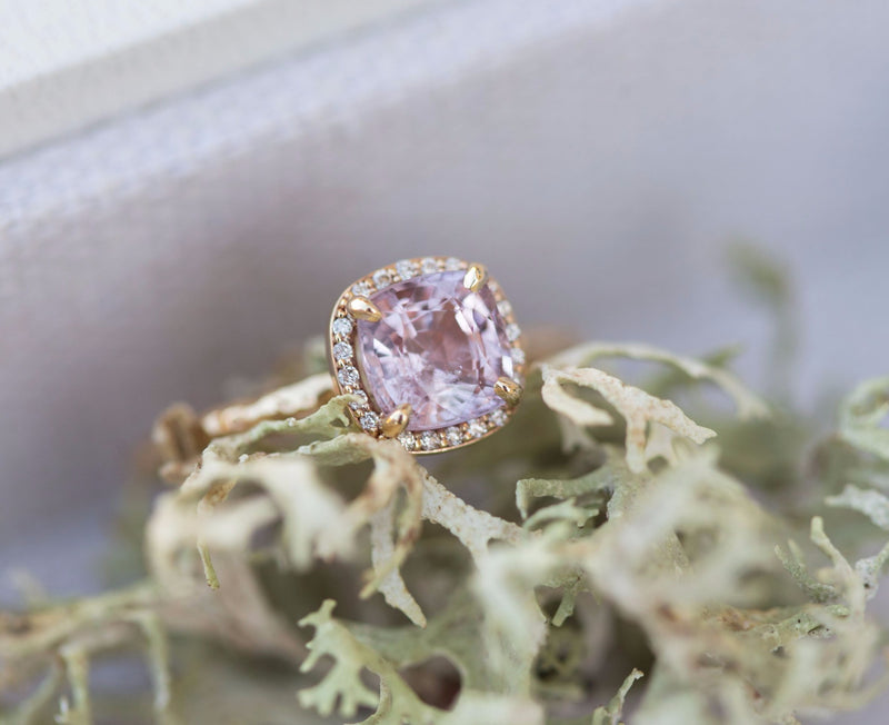 Lavender Lilac Cushion Spinel and Diamond Engagement Ring in Hand Carved Recycled Yellow Gold Earthy Setting - Gemstone Engagement Ring by Anueva Jewelry
