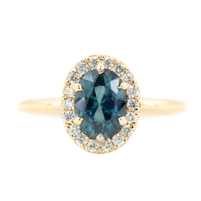 1.46ct Oval Blue Sapphire Low Profile Diamond Halo Ring In 14k Yellow Gold