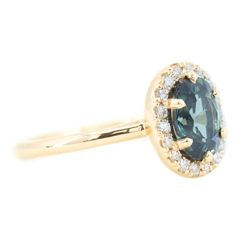 1.46ct Oval Blue Sapphire Low Profile Diamond Halo Ring In 14k Yellow Gold