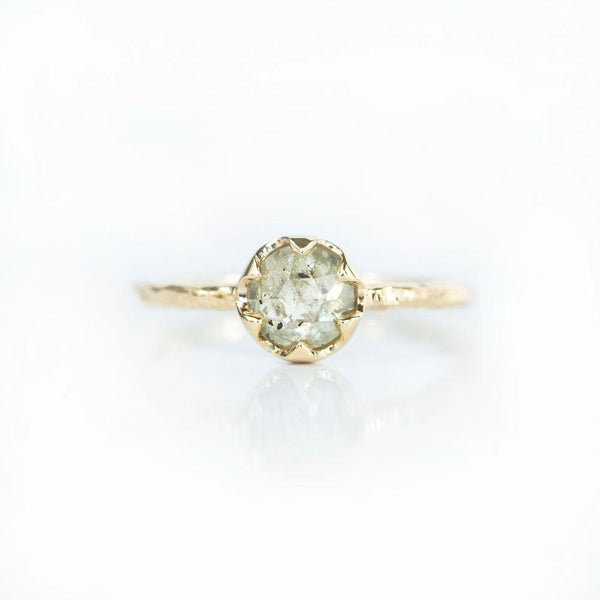 0.95ct Rosecut Green Grey Diamond 6-Prong Low Profile Ring with Evergreen Textured Band in Yellow Gold