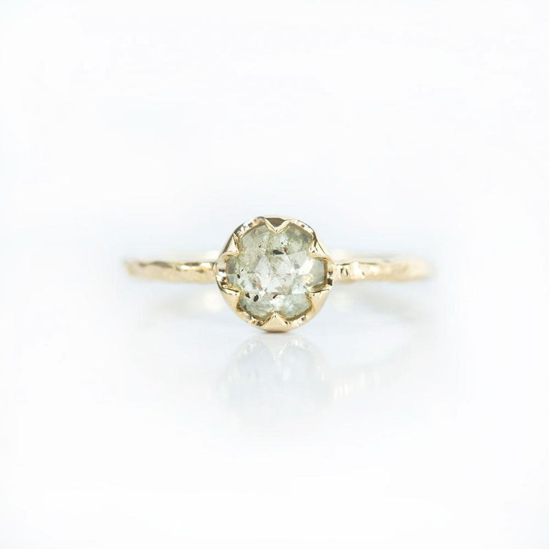 0.95ct Rosecut Green Grey Diamond 6-Prong Low Profile Ring with Evergreen Textured Band in Yellow Gold