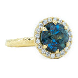 4.27ct Blue Madagascar Sapphire Six Prong Halo Evergreen Ring in 18k yellow gold