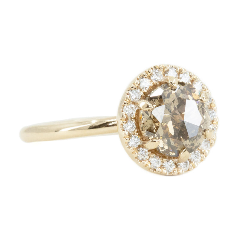 1.85ct GIA Crown Jubilee® Diamond Six Prong Halo Ring in 14k Yellow Gold side view