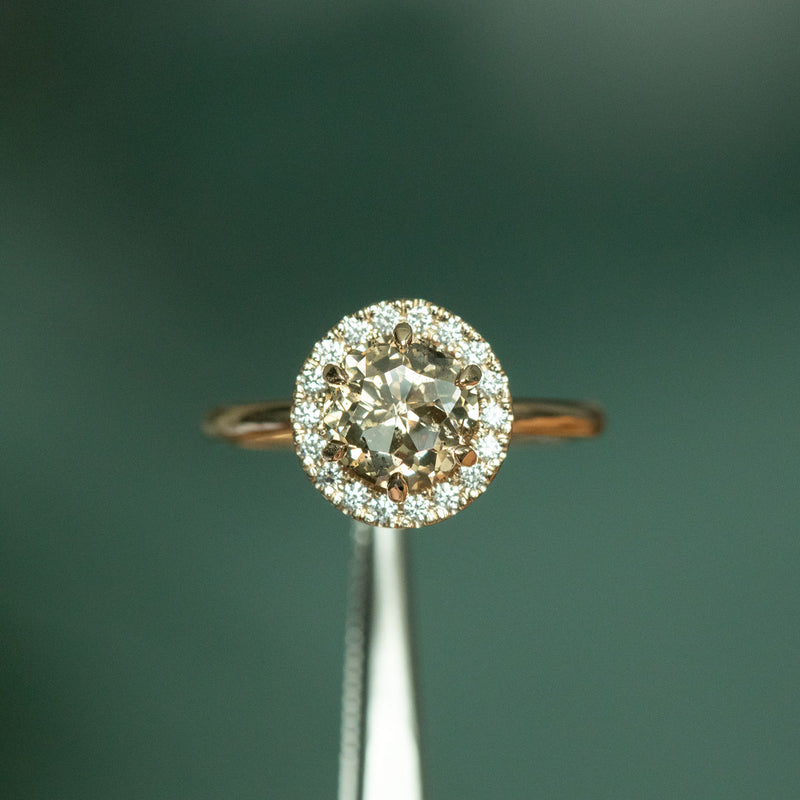 1.85ct GIA Crown Jubilee® Diamond Six Prong Halo Ring in 14k Yellow Gold in tweezers