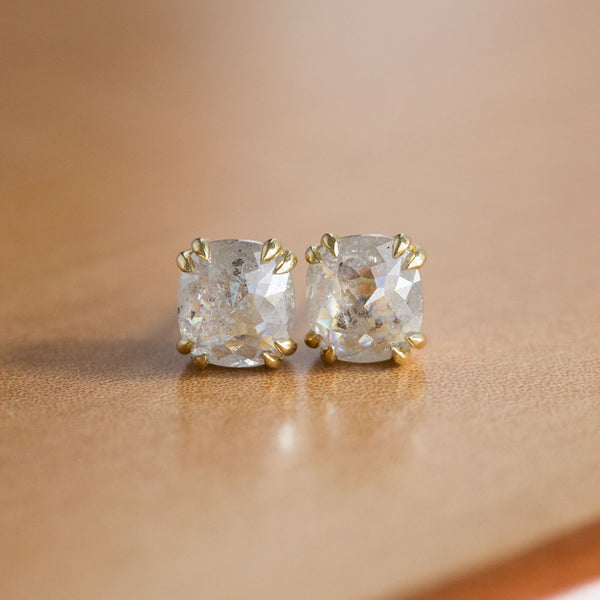 Cushion Rosecut Diamond Earrings in 18k Yellow Gold Double Prong Settings - 2.68ctw