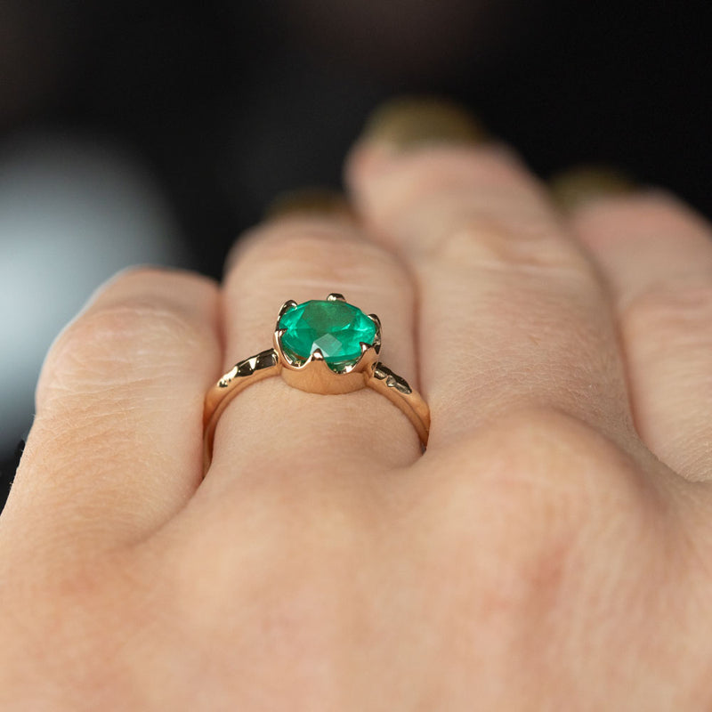 Neon Emerald Low Profile Six Prong Antique Evergreen Solitaires in 14k Yellow and Rose Gold on hand