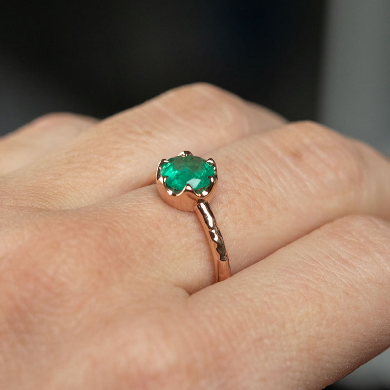 Neon Emerald Low Profile Six Prong Antique Evergreen Solitaires in 14k Yellow and Rose Gold