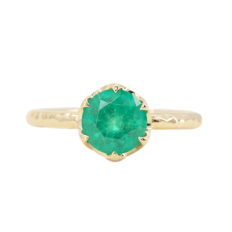 Neon Emerald Low Profile Six Prong Antique Evergreen Solitaires in 14k Yellow and Rose Gold