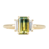 1.37ct Parti Emerald Cut Sapphire and Diamond Low Profile Three Stone Ring in 14k Yellow Gold