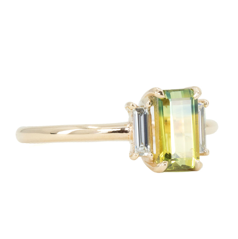 1.37ct Parti Emerald Cut Sapphire and Diamond Low Profile Three Stone Ring in 14k Yellow Gold