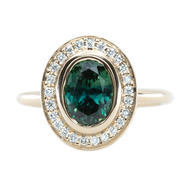 1.72ct Teal Color Change Sapphire Bezel Set Diamond Halo in 14k Yellow Gold