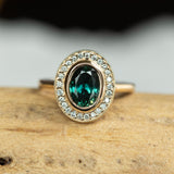 1.72ct Teal Color Change Sapphire Bezel Set Diamond Halo in 14k Yellow Gold
