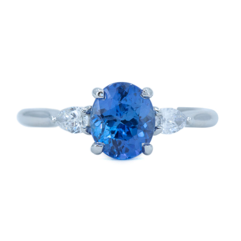 1.87ct Oval Blue Sapphire and Pear Diamond Three Stone Ring in Platinum