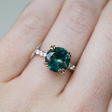 3.53ct Round Green Unheated Sapphire and Diamond-studded ring in 14k Rose Gold