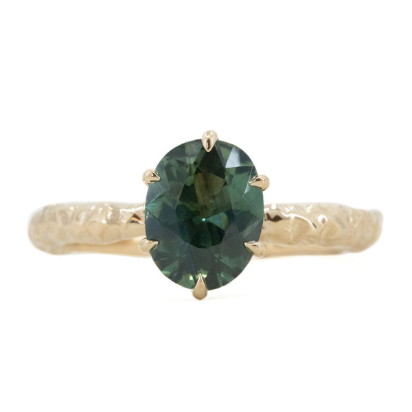  1.68ct Oval Teal Sapphire Lotus Six Prong Solitaire Ring in 14k Yellow Gold