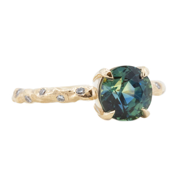 2.09ct Teal Madagascar Parti Sapphire in 14k Yellow Gold Low Profile Evergreen Solitaire with Embedded Diamonds