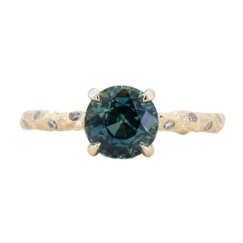 2.09ct Teal Madagascar Parti Sapphire in 14k Yellow Gold Low Profile Evergreen Solitaire with Embedded Diamonds