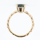 2.09ct Teal Madagascar Parti Sapphire in 14k Yellow Gold Low Profile Evergreen Solitaire with Embedded Diamonds
