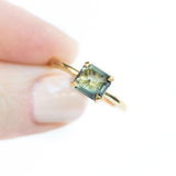 1.84ct Inverted Blue Green Emerald Cut Sapphire in 18k Yellow Gold Prong Setting