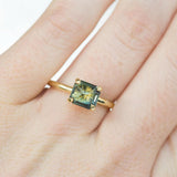 1.84ct Inverted Blue Green Emerald Cut Sapphire in 18k Yellow Gold Prong Setting