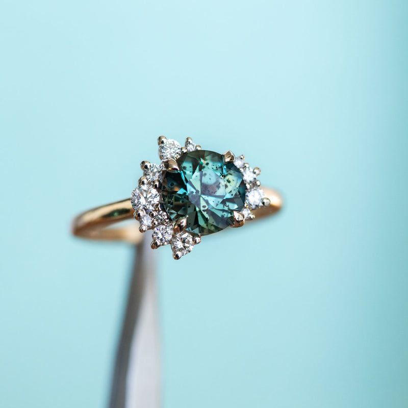 1.94ct Teal Galaxy Sapphire and Asymmetrical Diamond Cluster Ring in Two Tone 14k White and 14k Yellow Gold