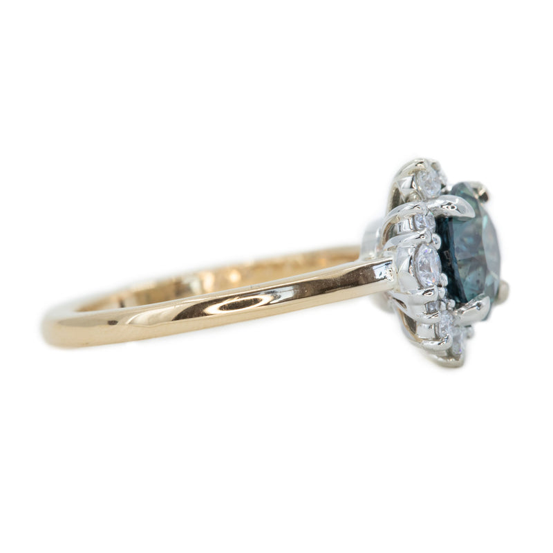 1.94ct Teal Galaxy Sapphire and Asymmetrical Diamond Cluster Ring in Two Tone 14k White and 14k Yellow Gold