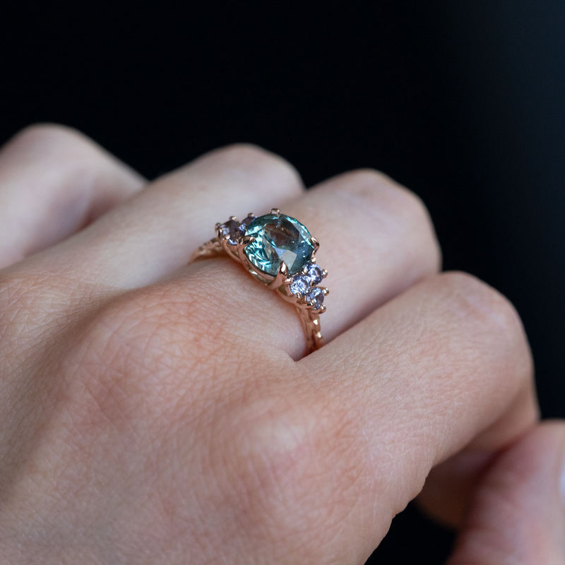 2.89ct Teal Montana Sapphire and Purple Grey Spinel Cluster Evergreen Ring in 14k Rose Gold