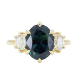 4.05ct Blue Oval Sapphire and Diamond Low Profile Antique Style Three Stone Ring in 18k Yellow Gold