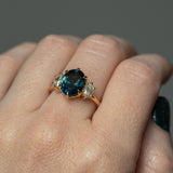 4.05ct Blue Oval Sapphire and Diamond Low Profile Antique Style Three Stone Ring in 18k Yellow Gold