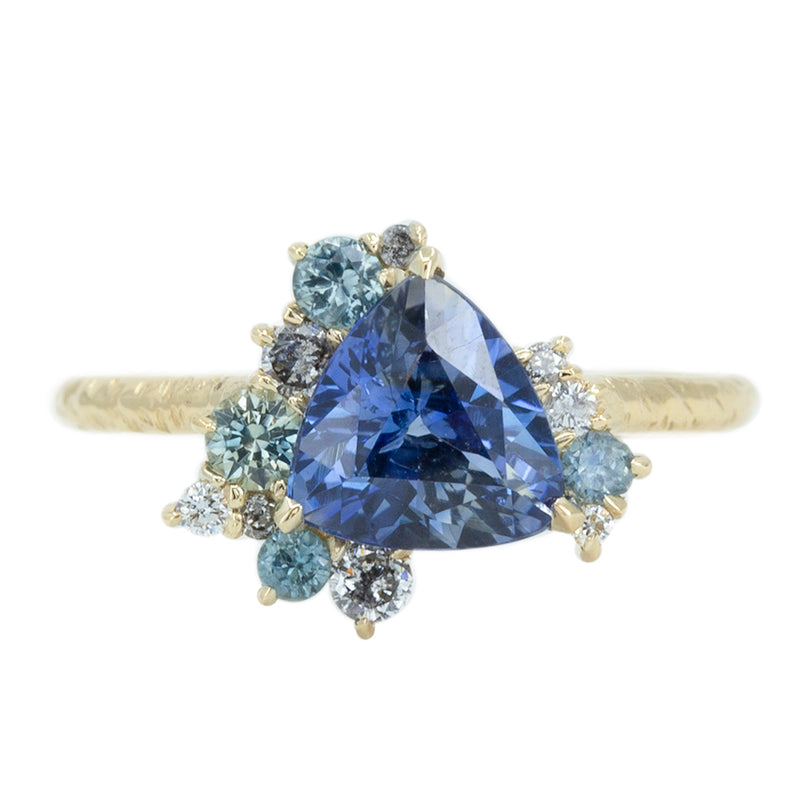 1.85ct Trillion Sapphire Asymmetrical Diamond And Sapphire Ring in 14k Yellow Gold